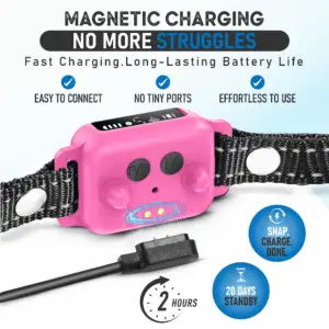 Magnetic charging for the pink bark collar — fast connect, long battery life