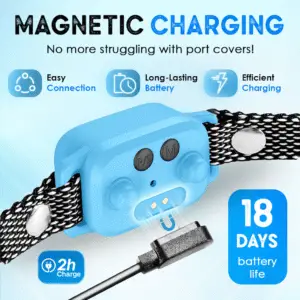 OB10 blue bark collar with magnetic charging and 18-day battery life